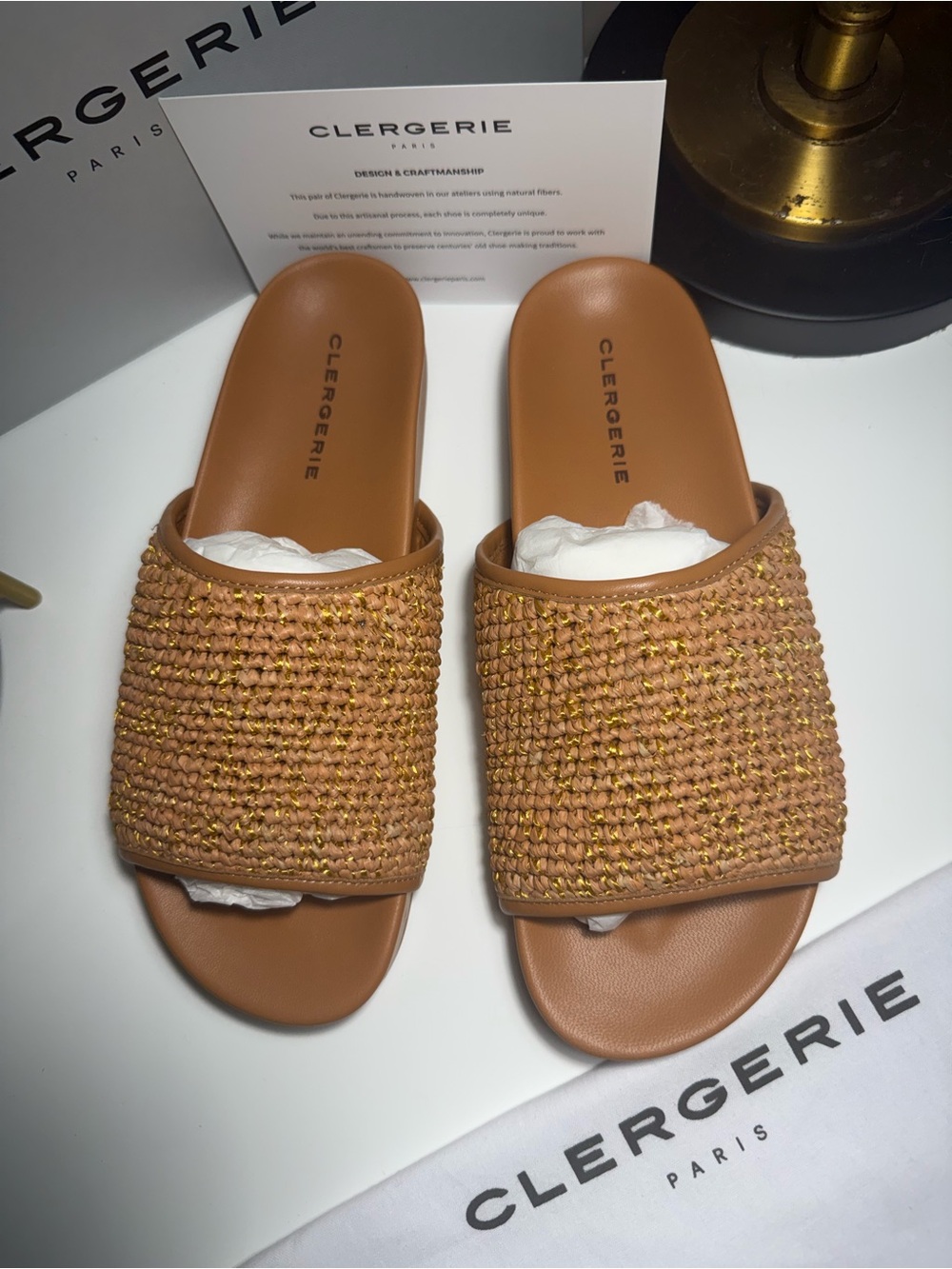 Robert Clergerie Tan Woven Slide Sandals with Gold Threading! Excellent Quality!